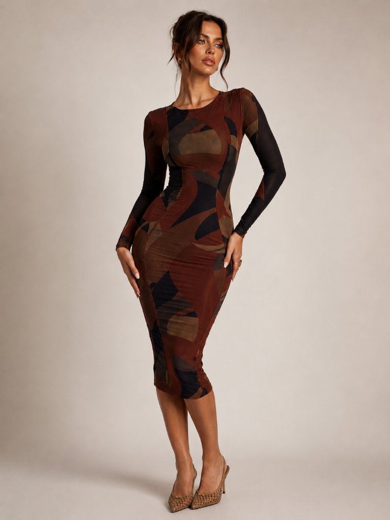 House Of Cb Cassidy Brown Geometric Abstract Print Bodycon Mesh Dress